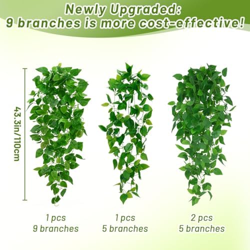 BLEUM CADE 4Pcs Fake Hanging Plants, 9 Branch Artificial Hanging Plant, Lush Faux Pothos Vines for Home Room Wall Shelf Porch Outdoor Indoor Decor (No Baskets) - Image 2