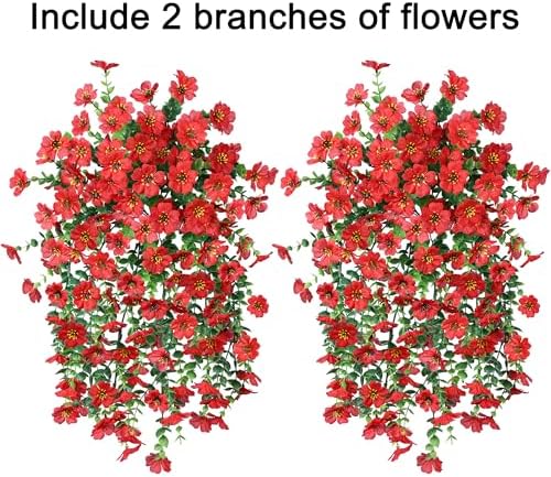 INSPRING Artificial Faux Outdoor Outside Flowers Plants, 2 PCS Fake Silk UV Resistant Look Real Red Daisy Trailing Vines for Front Door Porch Planter Urn Patio Balcony Decoration - Image 2
