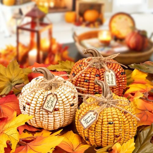 Briful 3-Piece Resin Corn Pumpkin Set Fall Decor - Image 5