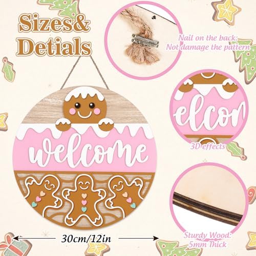 JarThenaAMCS Winter Welcome Door Sign Pink Brown snow Gingerbread Man Wooden Front Door Hanging Sign 3D Round Outdoor Hanger for Party Home Wall Porch Decorations, 12 Inch - Image 2