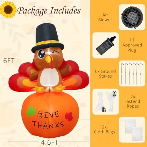 OurWarm 6FT Thanksgiving Inflatables Turkey Outdoor Decorations, Blow Up Turkey Inflatable on Pumpkin with Built-in LEDs, Happy Thanksgiving Blowups Yard Decorations for Outside Fall Garden Lawn Decor - Image 2