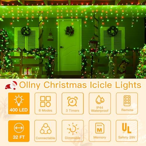 Ollny Icicle Lights for Outside 400LED 32FT, Red and Green Christmas Light with Remote 8Modes Timers Waterproof, Plug in Connectable Hanging Lights for Outdoor Indoor House Roof Holiday - Image 2
