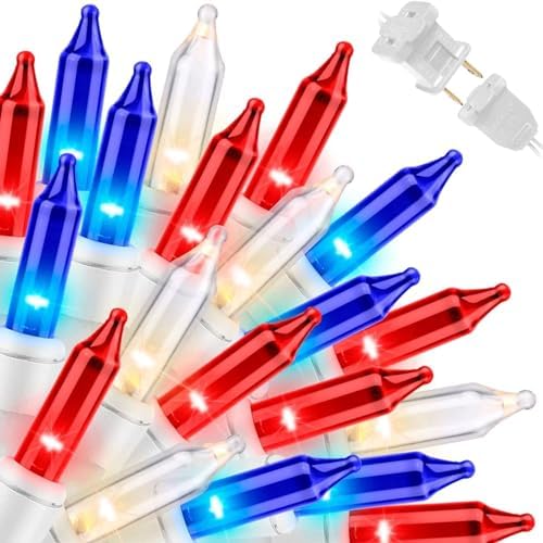 LAMPHOME 100 Count Red White and Blue Mini String Lights with White Wire,Connectable 19.6ft 120V Waterproof 4th of July Patriotic Incandescent Lights, Independence Day Lights for Outdoor Indoor Decor by ULL