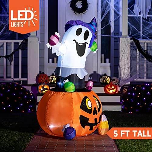 Joiedomi 5 FT Tall Halloween Inflatable Ghost Outdoor Decor, Blow Up Ghost Gripping Candy on Pumpkin with LED Lights, Halloween Yard Decoration for Garden - Image 2
