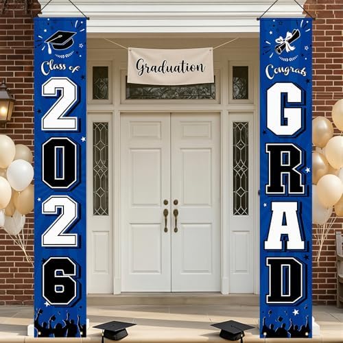 OLANRUN 2026 Graduation Decorations, Graduation Banner Blue Class of 2026 for Graduation Party Decorations, Congrats Grad Banner for High School College Indoor Outdoor Door Porch Decor, 11.8×71 Inch by OLANRUN