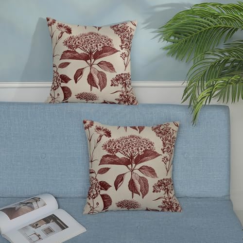Burgundy Red Pillow Covers 20x20 Inch 2 Pcs Boho Vintage Floral Decor Throw Pillows Hydrangea Flower Seasonal Outdoor Farmhouse Neutral Accent Decoration Pillowcase Linen Cushion Cover for Sofa - Image 3