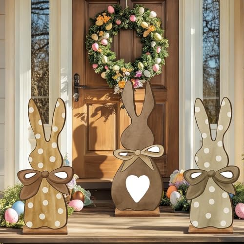 Vercraft 3 Pcs Outdoor Easter Decorations for Porch Large Wooden Easter Bunny Porch Sign Rustic Polka Dot Bunny with Bow Spring Party Decor for Front Door Yard Garden, 23.6 Inch - Image 2