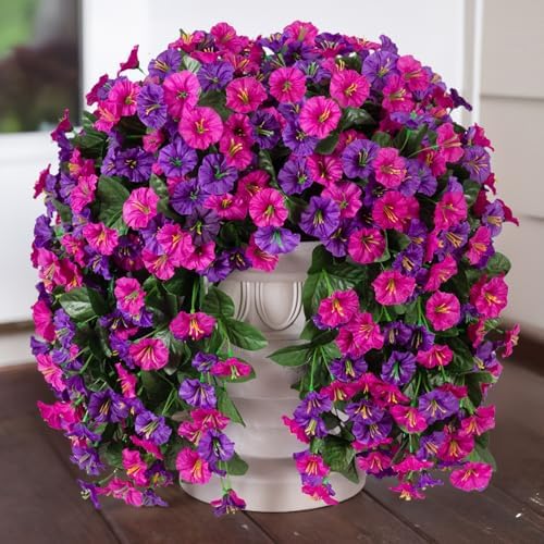 HyeFlora Artificial Fake Hanging Flowers Plants for Outdoor Outside, 2PCS Faux Silk Morning Glory Trailing Vines UV Resistant Look Real for Home Planter Porch Patio (Dark Purple and Fuchsia) - Image 2