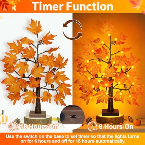 [Timer] 2 Pack 24 Inch Fall Maple Tree Fall Thanksgiving Decorations with 48 Lights, Battery Operated Lighted Pumpkin Acorn Artificial Tree for Thanksgiving Table Decorations Indoor Home Fall Decor - Image 2