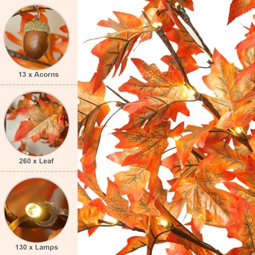 2 Pack 6FT 130 LED Lighted Maple Tree - Thanksgiving Decor Artificial Fall Tree with 13 Branches, 13 Acorns 260 Leaves, Remote 8 Modes, Timing, DC 5V Safe for Outdoor Wedding Party Autumn Decor - Image 2