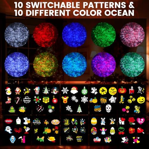 Halloween Christmas Projector Lights Outdoor，LED Projector Lights,2-in-1 Dual Projection System with 10 Slides，15W Brighter HD Ocean Wave Effect,Waterproof for Indoor/Outdoor Decor, Home Party. - Image 3