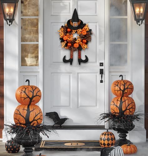 Halloween Wreath for Front Door 16" Tinsel Black Witch Wreath with Hat Legs and Orange Pumpkin for Fall Autumn Indoor Window Door Thanksgiving Halloween Decorations - Image 3