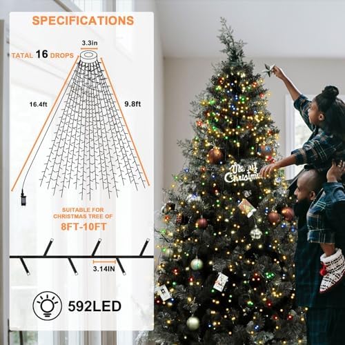 BOLWEO Christmas Tree Lights, 592LED 16 Lines Christmas Lights for Tree 8 Modes for 8ft-10ft Christmas Tree, UL Certified Indoor Outdoor Christmas Decorations 16 * 9.8ft Drops Multi-Colored - Image 6