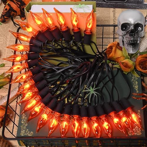 27.8Ft Flickering Flame String Lights, Orange Halloween Lights with 25+4 Pack C7 Orange Flame Light Bulbs, Flame String Lights for Fall Halloween Decorations for Home Party Patio Garden by PASUTO