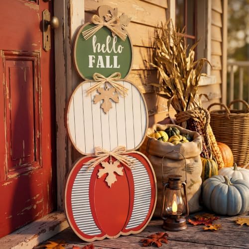 Threehoney 35 Inch Fall Stacked Pumpkins for Porch Wooden Outdoor Standing Pumpkin Decor Thanksgiving Harvest Farmhouse Sign for Yard Front Door Garden Patio Outdoor(Hello Fall,Earthy Color) by Threehoney