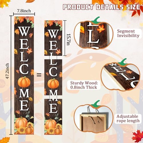 Fall Welcome Sign For Front Porch Fall Porch Sign Maple Leaf Pumpkin Sunflower Thanksgiving Decor Indoor Outdoor Autumn Wooden Vertical Sign For Patio Front Door Porch Wall Yard - Image 3