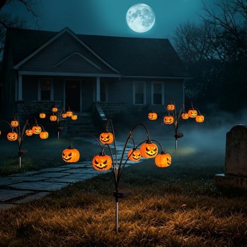 4 Pack Solar Halloween Lights Outdoor Decorations, Fall Pumpkin Lanterns by Thiswing