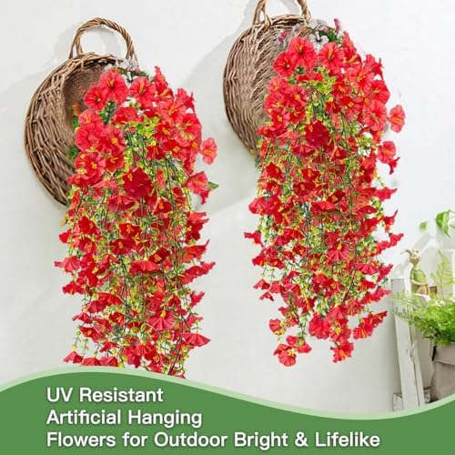 Artificial Flowers for Outdoors Fake Morning Glory Hanging Flower Decoration, 4 Pcs Realistic Faux Plants Petunias Trailing Vines, Spring Summer Decor for Porch Patio Balcony Planter Yard(Red) - Image 4