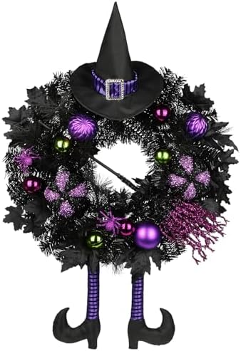 Halloween Wreath for Front Door 26" Tinsel Black Witch Wreath with Hat Legs and Purple Pumpkin for Fall Autumn Indoor Window Door Thanksgiving Halloween Decorations by Arborus