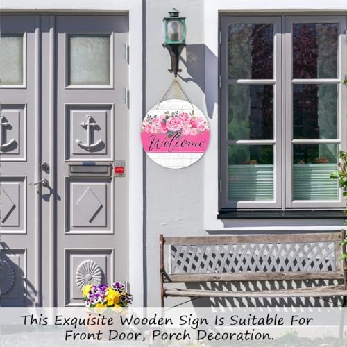 Welcome Door Sign, Flower Decor Wooden Sign Round Decorative Wall Plaque, Blush Pink Floral Welcome Sign for Front Door, Farmhouse Porch Yard Hanging Sign Outdoor Decorations -01 - Image 4