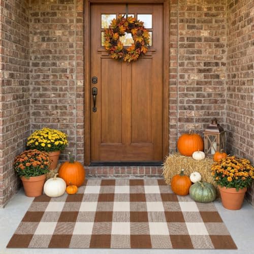 Fall Decor Buffalo Plaid Outdoor Rug 27.5" x 43" Coffee and White Checkered Area Rug Washable Fall Doormats Indoor Outdoor Rugs for Layered Front Door Mats, Porch, Entryway, Kitchen, Farmhouse - Image 4