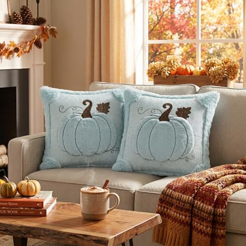 AVOIN colorlife Blue Fall Pumpkin Throw Pillow Covers 18x18 Inch 2PC - Image 2