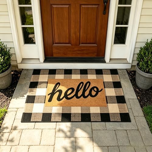MUBIN Fall Decor Cotton Buffalo Plaid Rug, 27.5x43 Coffee Black Outdoor Rug Front Door Decorative Mat, Washable Doormat Foldable Area Rug Layered Door Mats Rug for Front Porch, Entryway, Patio - Image 4