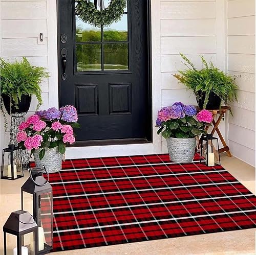 Christmas Outdoor Rugs 3' x 5'Red Black Buffalo Plaid Front Porch Rug Hand-Woven Machine Washable Indoor/Outdoor Layered Door Mats for Entryway/Bedroom/Outdoor - Image 7