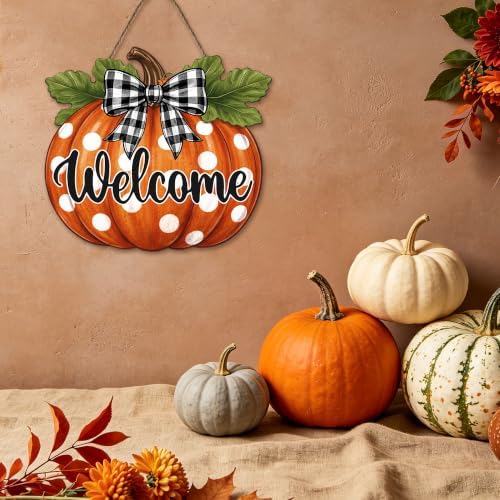 Fall Pumpkin Front Door Sign Rustic Pumpkin Thanksgiving Welcome Door Decorations Wood Sign Autumn Harvest Wreath Door Hanger Buffalo Plaid Bow Plaques Wall Hanging Decor for Home Proch Yard 11"x11" - Image 5
