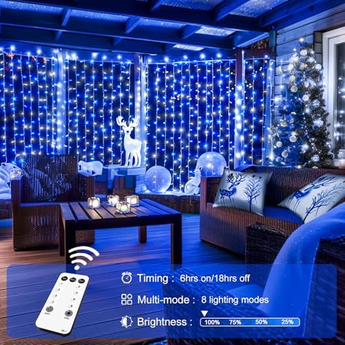 JMEXSUSS 300LED Christmas Curtain Lights Plug in, Blue and White, 9.8x9.8ft - Image 4