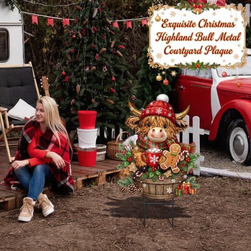 Amyhill Christmas Highland Cow Outdoor Decor Christmas Metal Yard Signs with Stakes Cow Gnomes with Santa Hat Decorative Lawn Sign for Indoor Outside Garden Pathway Walkway Xmas Party Decor - Image 6