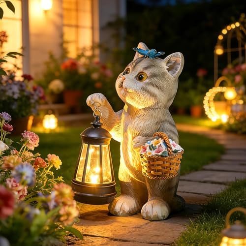 Brightown Solar Cat Garden Decor Statue with Solar Lantern Light, Hand-Painted Resin, IP65 Waterproof Outdoor Decor for Patio, Balcony & Yard Decorations, Unique Mothers Day Gifts for Mom Women by Brightown