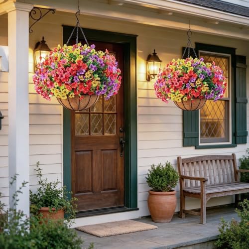 2 Set Artificial Flowers Hanging Baskets for Outdoor Silk Flowers - Image 3