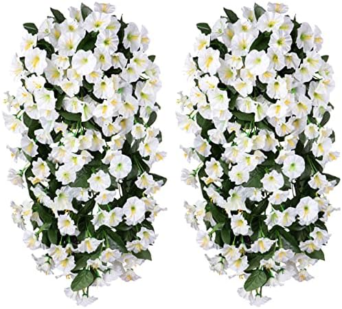 HyeFlora Artificial Fake Hanging Flowers Plants Vines for Outdoor Summer Decoration, 2PCS Faux Silk White Morning Glory Look Real UV Resistant for Home Outside Planter Porch Patio - Image 2