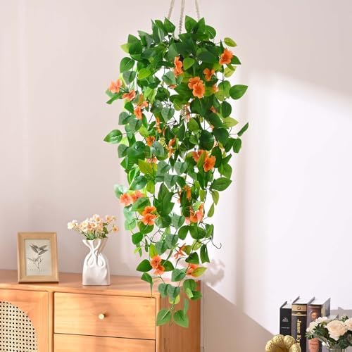 BLEUM CADE Artificial Hanging Flowers for Outdoors, 4pcs Fake Hanging Plants Pothos Vines with Orange Flowers for Wall Home Living Room Indoor Outdoor Fall Decor (No Baskets) - Image 3