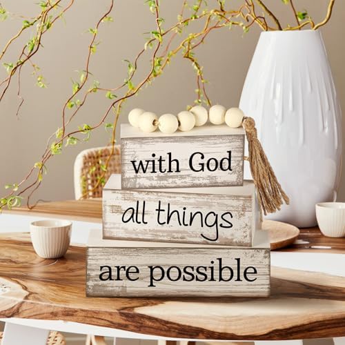 Yuntau 4 Pcs Farmhouse Christian Table Decor with Beads Tassel Block Sign - Image 4