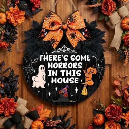 Funny Halloween Decorations - Funny Halloween Door Sign There's Some Horrors in This House Wooden Sign Hanging Hanger Wreath Decorations for Front Door Wall Home Office Decor 12.6×12.6 Inch - Image 3