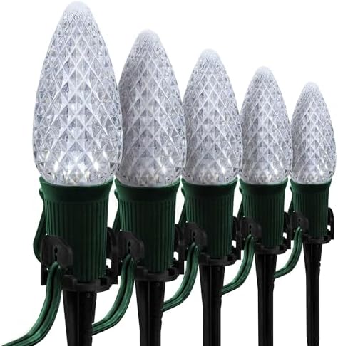 Wintergreen Lighting 25 OptiCore LED C9 Cool White Pathway Christmas Lights, Heavy Duty Bulbs for Driveway, Walkway Marker, 5" Commercial PathPRO Stakes, 18 Gauge Green Wire, 25' by WintergreenLighting