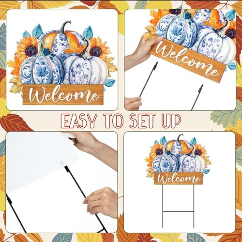 Yuntau Blue White Pumpkin Yard Stake 24 Inch Metal Fall Welcome Sign - Image 4