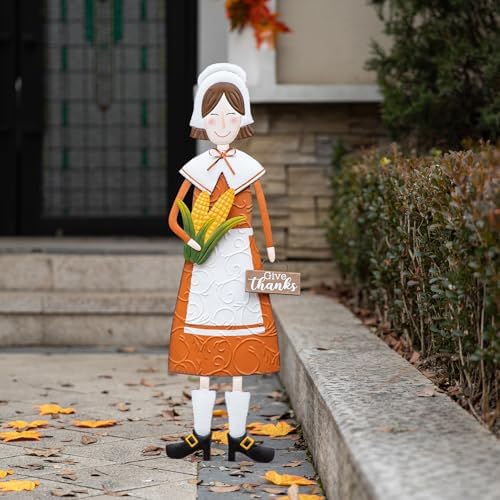 Glitzhome Thanksgiving Yard Stakes Metal Pilgrim Girl Yard Signs Hanging Wall Decors for Thanksgiving Fall Harvest Outdoor Decorations, 36" H - Image 2