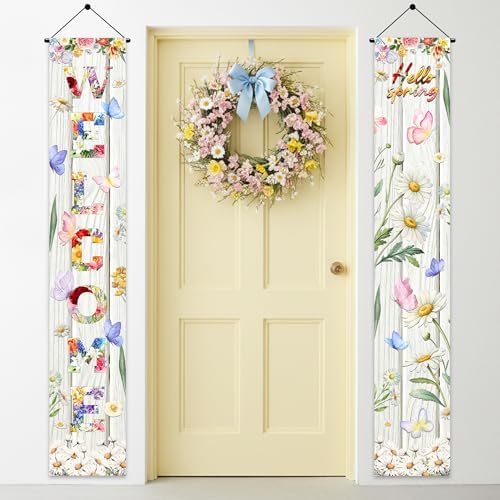 Welcome Spring Porch Decor Banner - 2 Pcs Floral Butterflies Door Sign Decorations, Flower Hanging Party Banners for Front Door Outdoor Garden Yard Wall Decoration by ChenjunCo