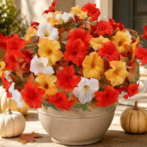 Geegoods Fall Flowers Outdoor, 4 Bundles Orange Yellow White Faux Petunias by GeegoodsLLC