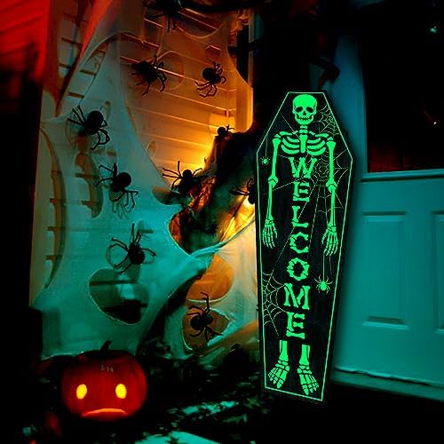 Halloween Decorations Outdoor Glow in the Dark: Large Scary Coffin Skeleton Welcome Sign Front Porch with Spider and Spiderwebs 3Pcs, Splicable Halloween Door Decorations for Home Wall Front Door - Image 6