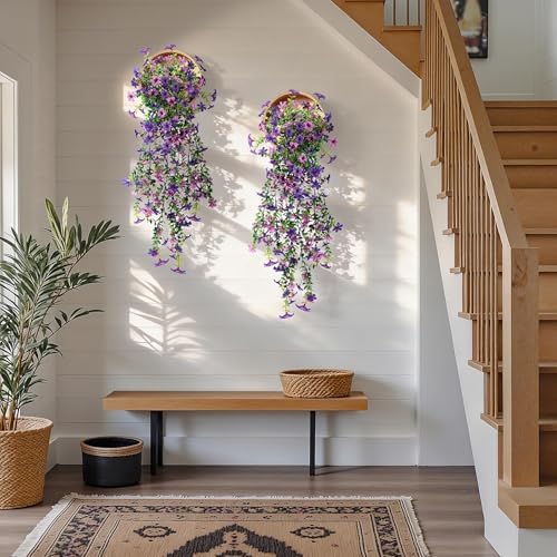 QCQHDU Artificial Hanging Flowers for Outdoors,2Pcs Fake Hanging Plants 29.5 Inch Long for Spring Summer Decoration,UV Resistant Faux Flowers for Patio Porch Garden Yard Balcony Decor, Double Purple - Image 5