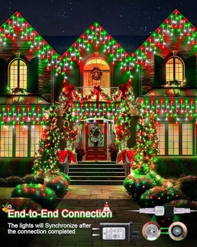 Christmas Lights Outdoor, 53 FT 486 LED Christmas Lights for Outside, Timer & Memory, Plug in 8 Modes Hanging Fairy Light with 108 Drops for House Eaves Yard Patio Decorations, Red Green and White - Image 2