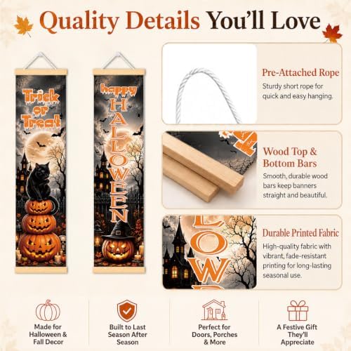 Black Cat Halloween Door Banner Set of 2, Halloween Porch Decor for Home - Image 3