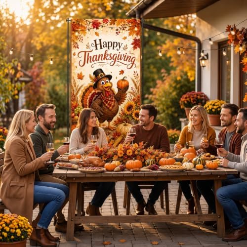 Happy Thanksgiving Door Cover, Thanksgiving Turkey Door Banner with Pumpkin Pie Corn Sunflower Maple Leaves, Fall Harvest Front Door Decorations Porch Wall Party Photo Backdrop 70.8 x 35.4 Inch - Image 6