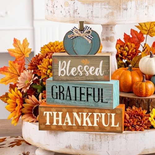 Lineshading 4 Pcs Farmhouse Block Signs Tiered Tray Decor Blue Pumpkin - Image 6