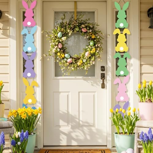 Yaomiao 10 Pcs Easter Porch Banner Pastel Bunny Rabbit Party Front Door Sign Wall Hanging Spring Decorations and Supplies for Home Office Farmhouse Holiday Decor - Image 6