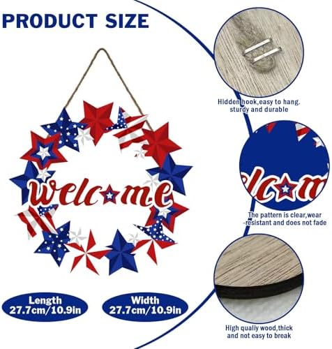 Harooni 4th of July Decorations Door Sign Patriotic Memorial Day Wreath Wooden Hanging Door Sign 11 Inch Red White and Blue Star Welcome Door Hanger Rustic Wooden Plaque for Front Door Wall Porch Yard - Image 2